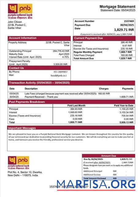 Downloadable India Punjab National Bank mortgage statement Word and PDF template